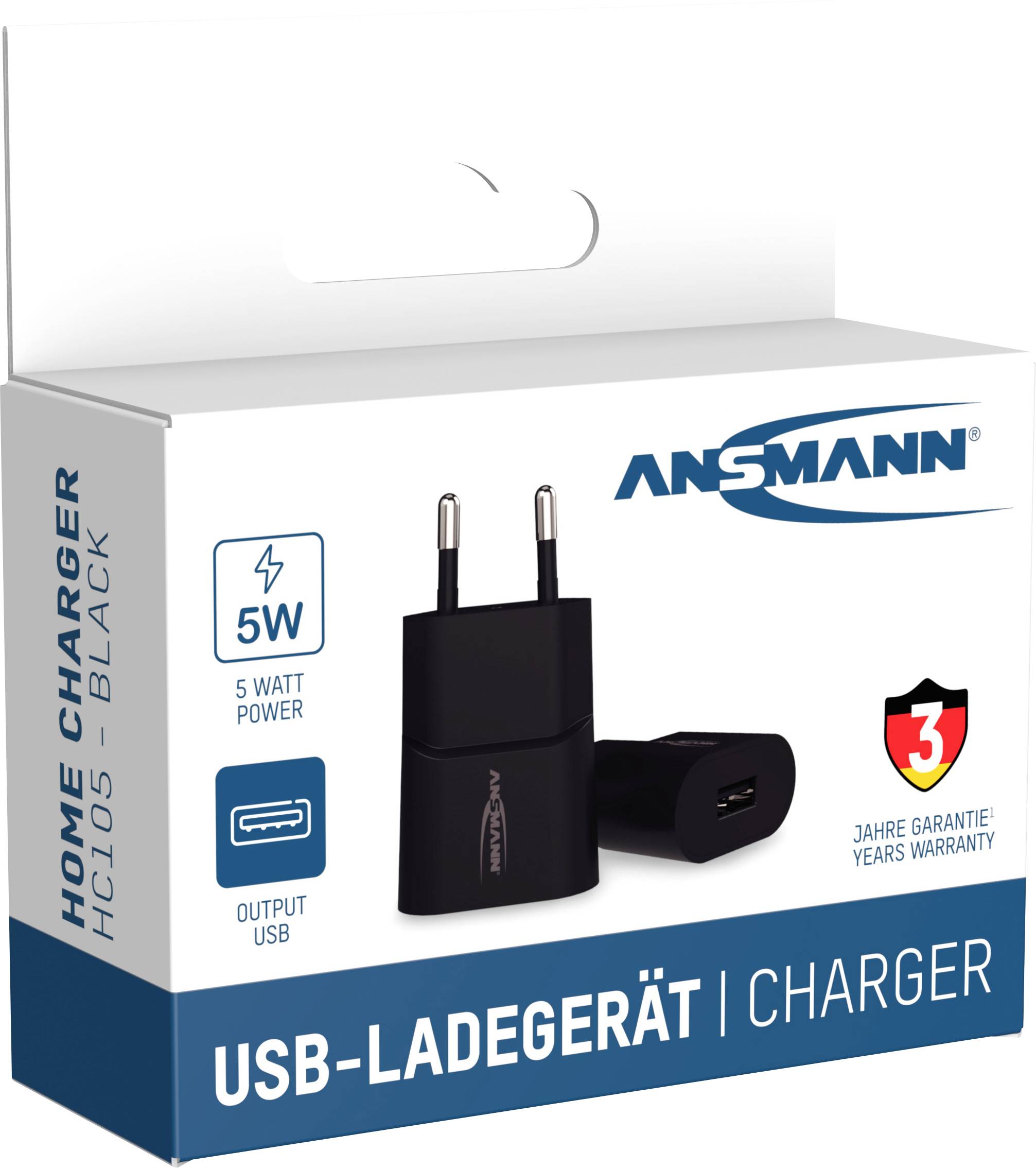 Embalaža USB-polnilnika z upodobitvijo črnega polnilnika. Besedilo: '5 vatov moči', '3 leta garancije'. Blagovna znamka: 'ANSMANN'.