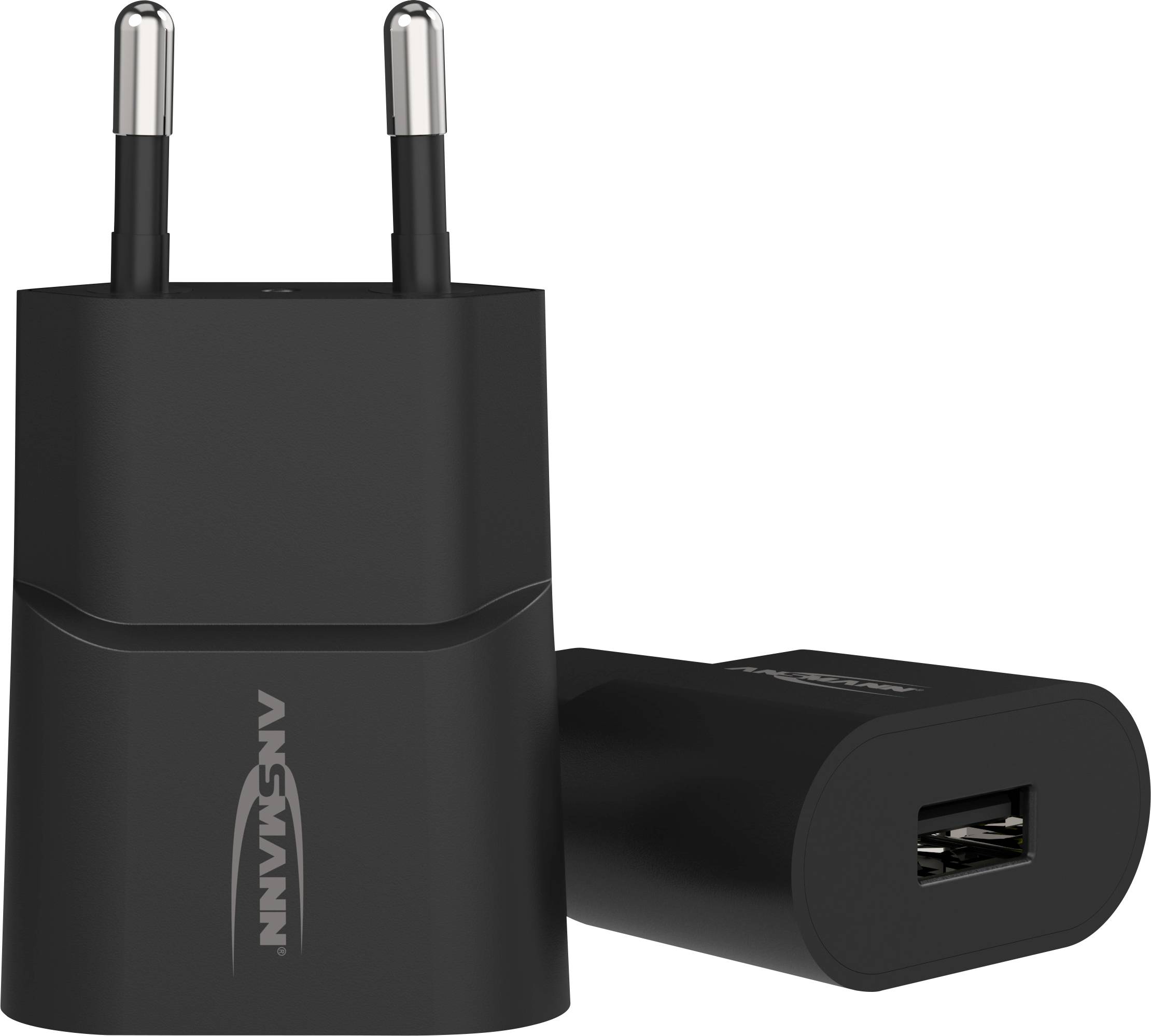 Črn USB polnilec z dvema vtičnicama in USB priključkom, prikazan v stoječi in ležeči legi.