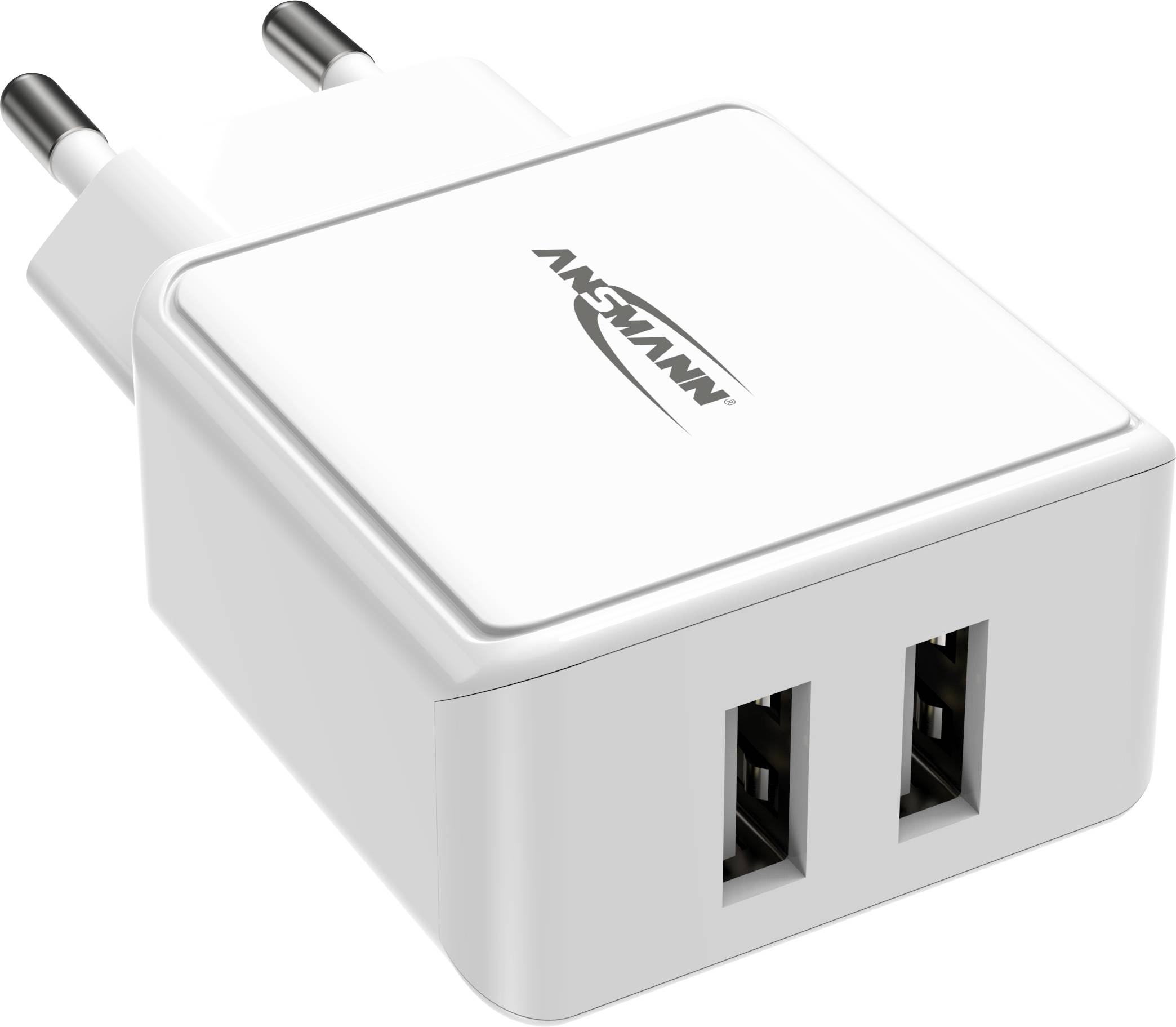 Bela USB polnilna postaja z dvema USB priključkoma in omrežnim vtičem za napajanje.