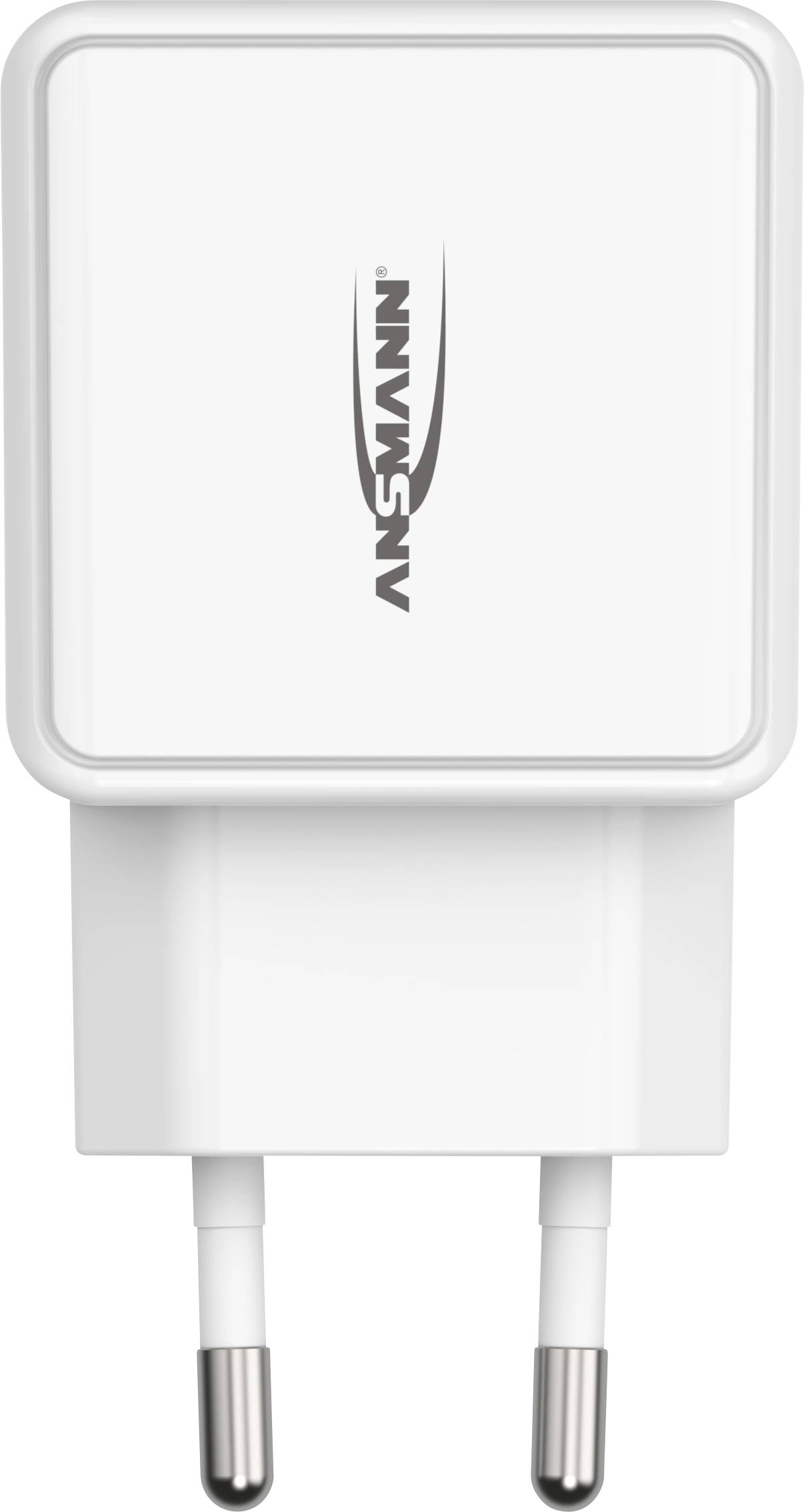 Bela USB polnilnik z dvema vtičnima kontaktoma, primeren za evropske električne vtičnice. Blagovna znamka 'ANSMANN' je na sprednji strani.