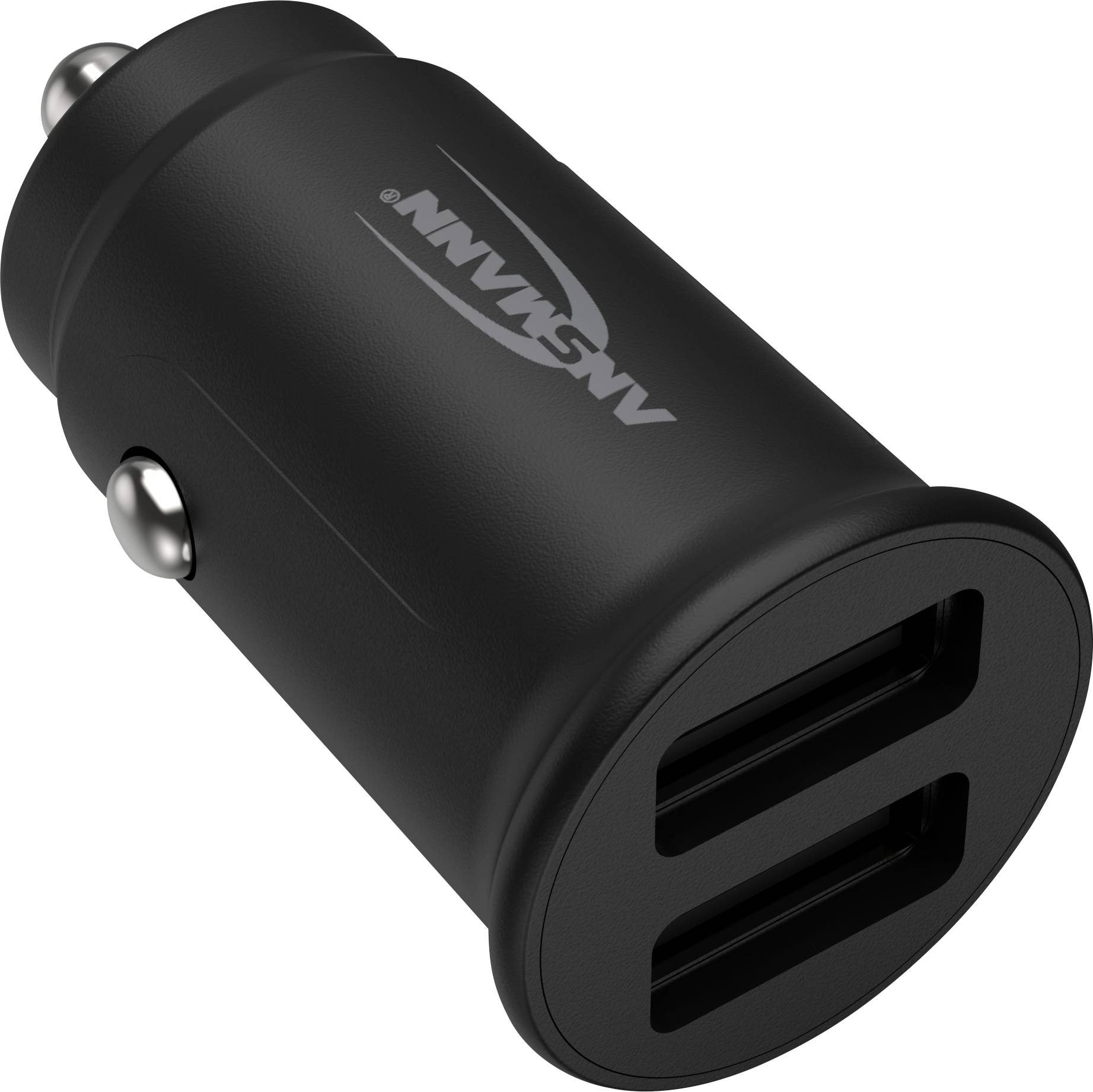 Črn avtomobilski polnilec z dvema USB priključkoma in srebrnimi detajli, primeren za vtičnico za vžigalnik v vozilu.