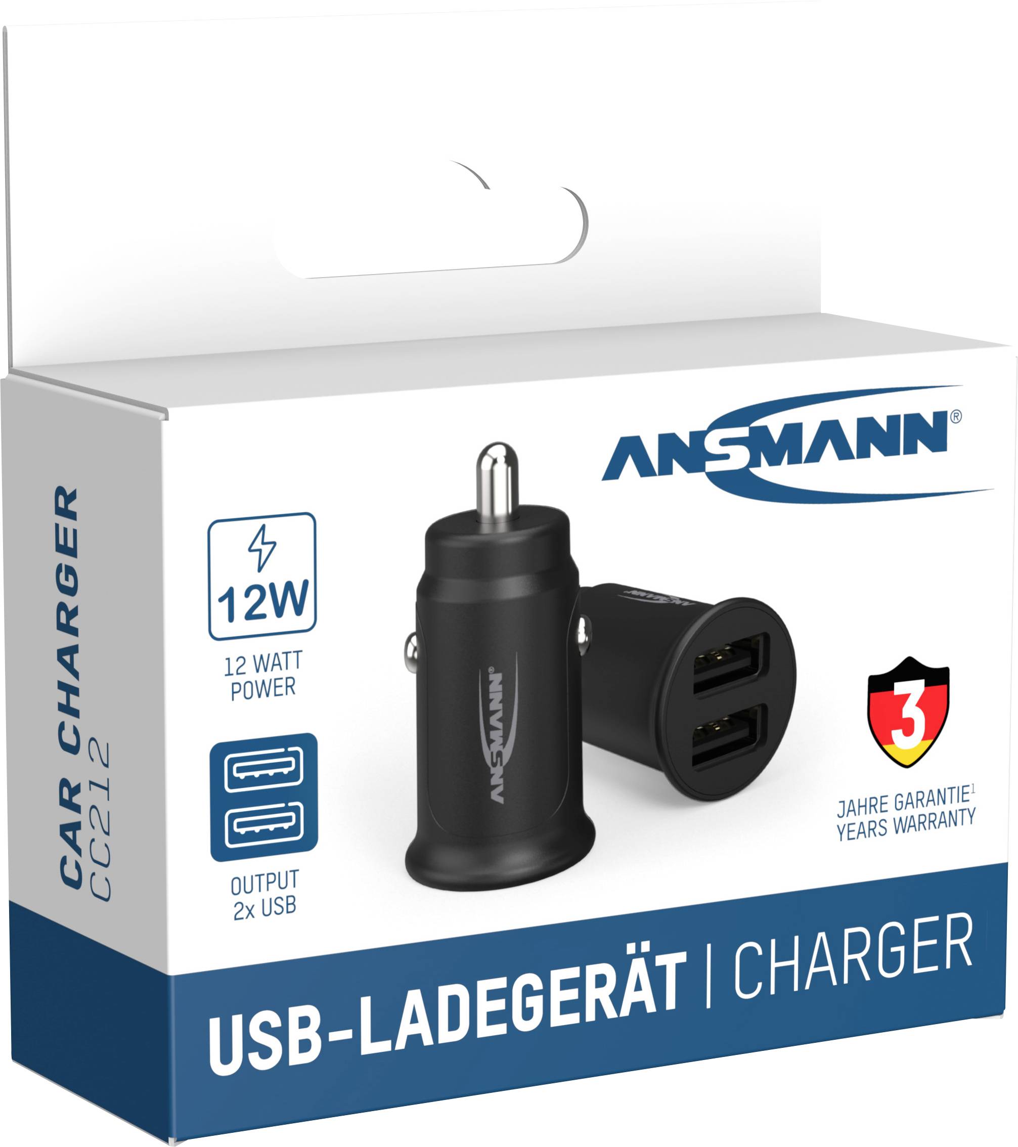 USB-avtomobilski polnilnik znamke Ansmann z dvema USB-priključkoma in 12 W močjo. Embalaža prikazuje črn polnilnik. 3 leta garancije.