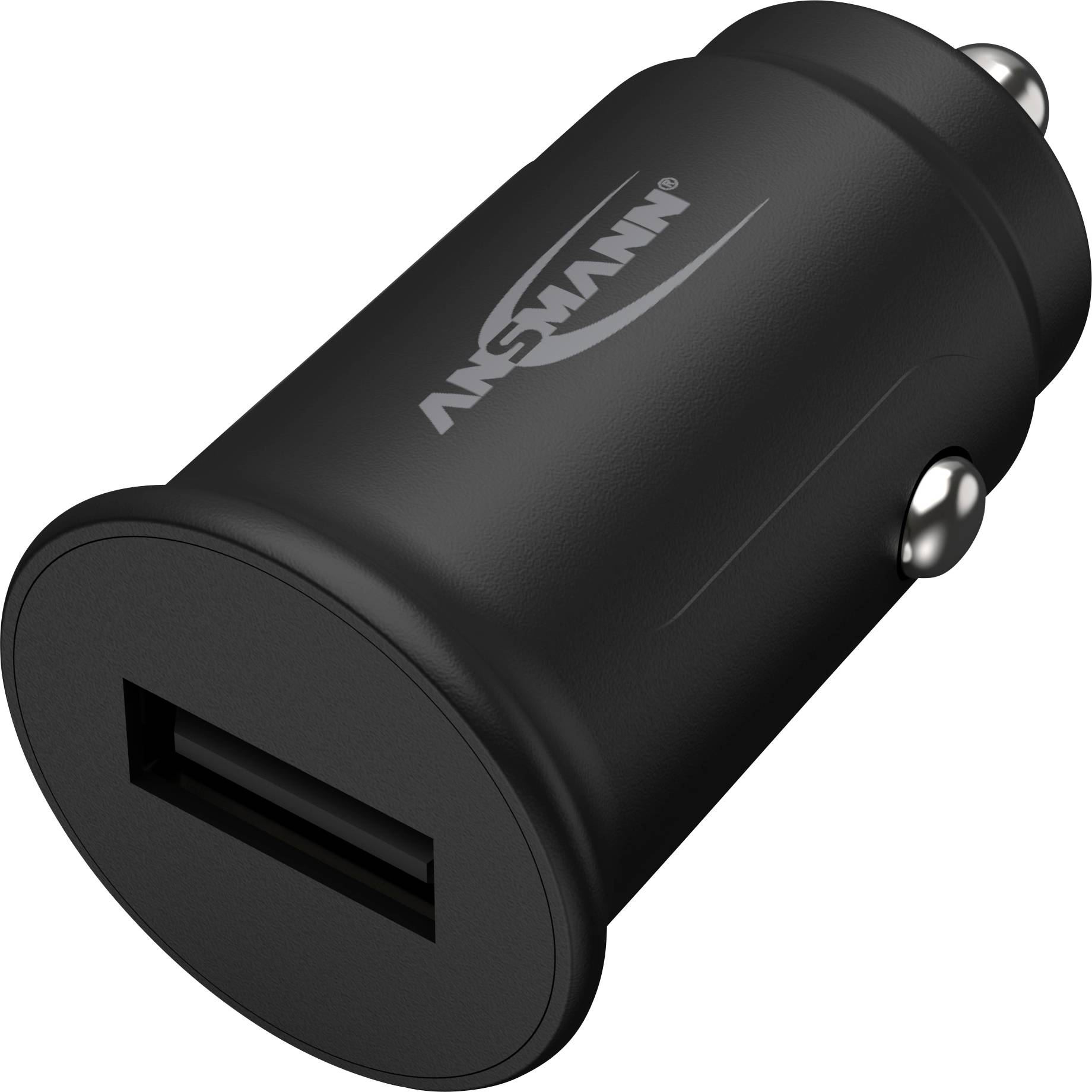 USB-avtomobilski polnilec v črni barvi z dvema priključkoma, z imenom proizvajalca na strani.