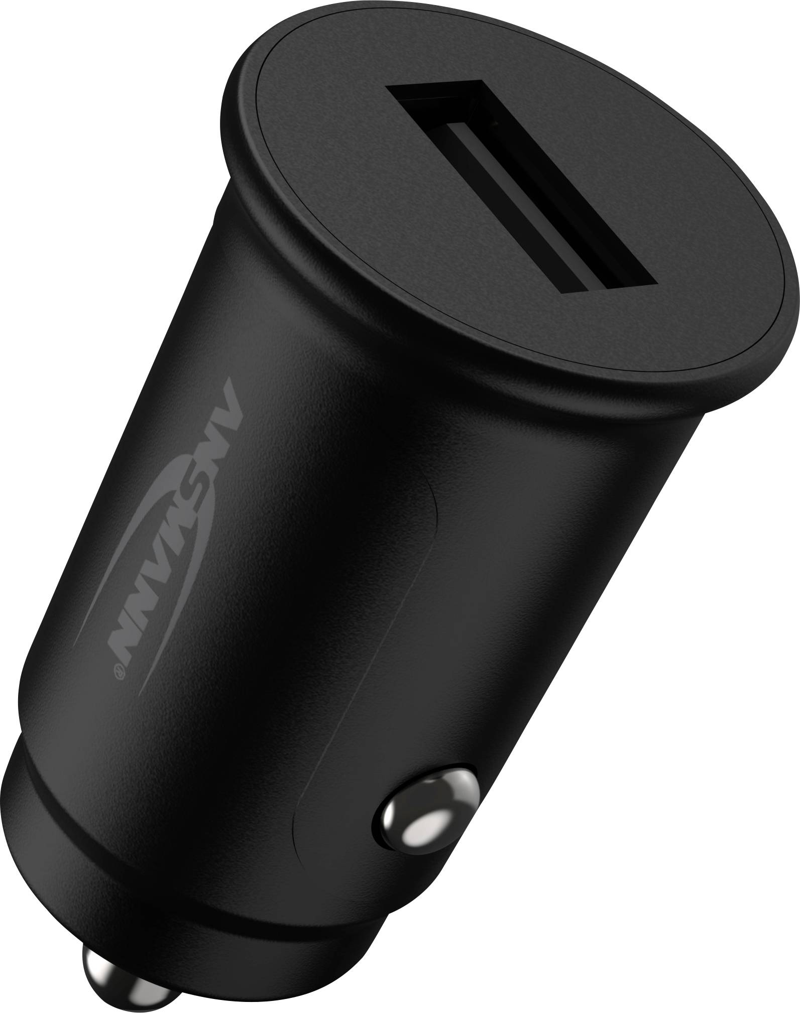 Črn USB polnilec za avtomobilski vžigalnik z eno USB vtičnico in srebrnim priključkom.