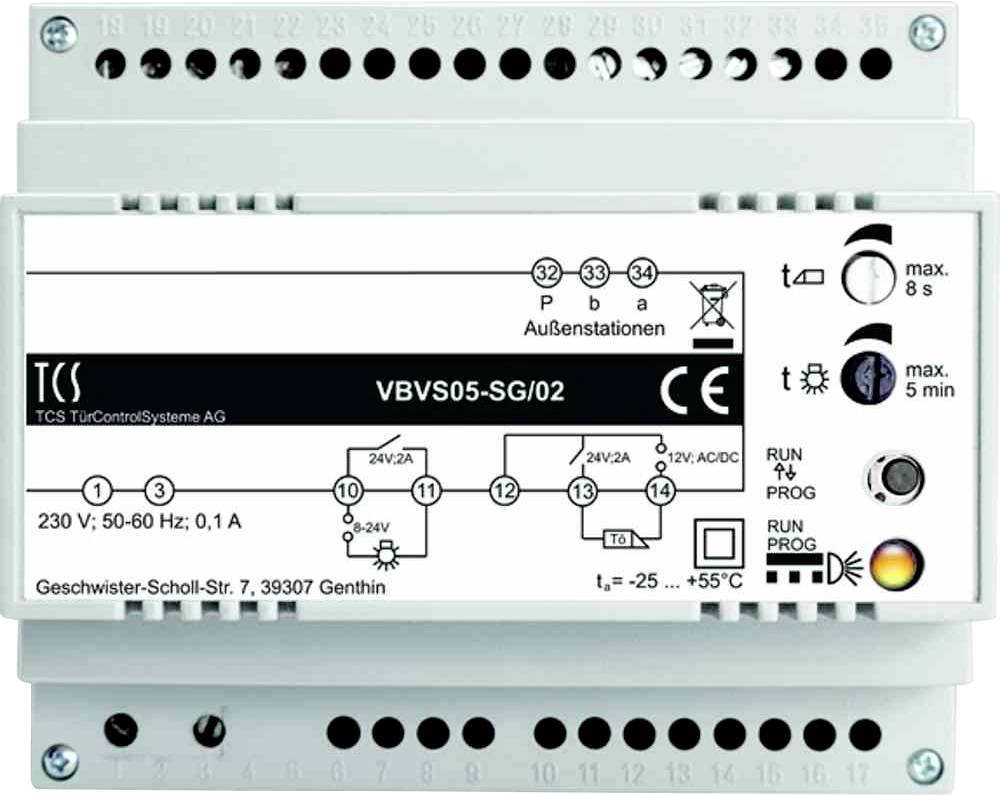 Krmilna enota vrat s shematskim načrtom in tehničnimi podatki. Prikazuje vhode in izhode ter podatke o električnem toku in napetosti.