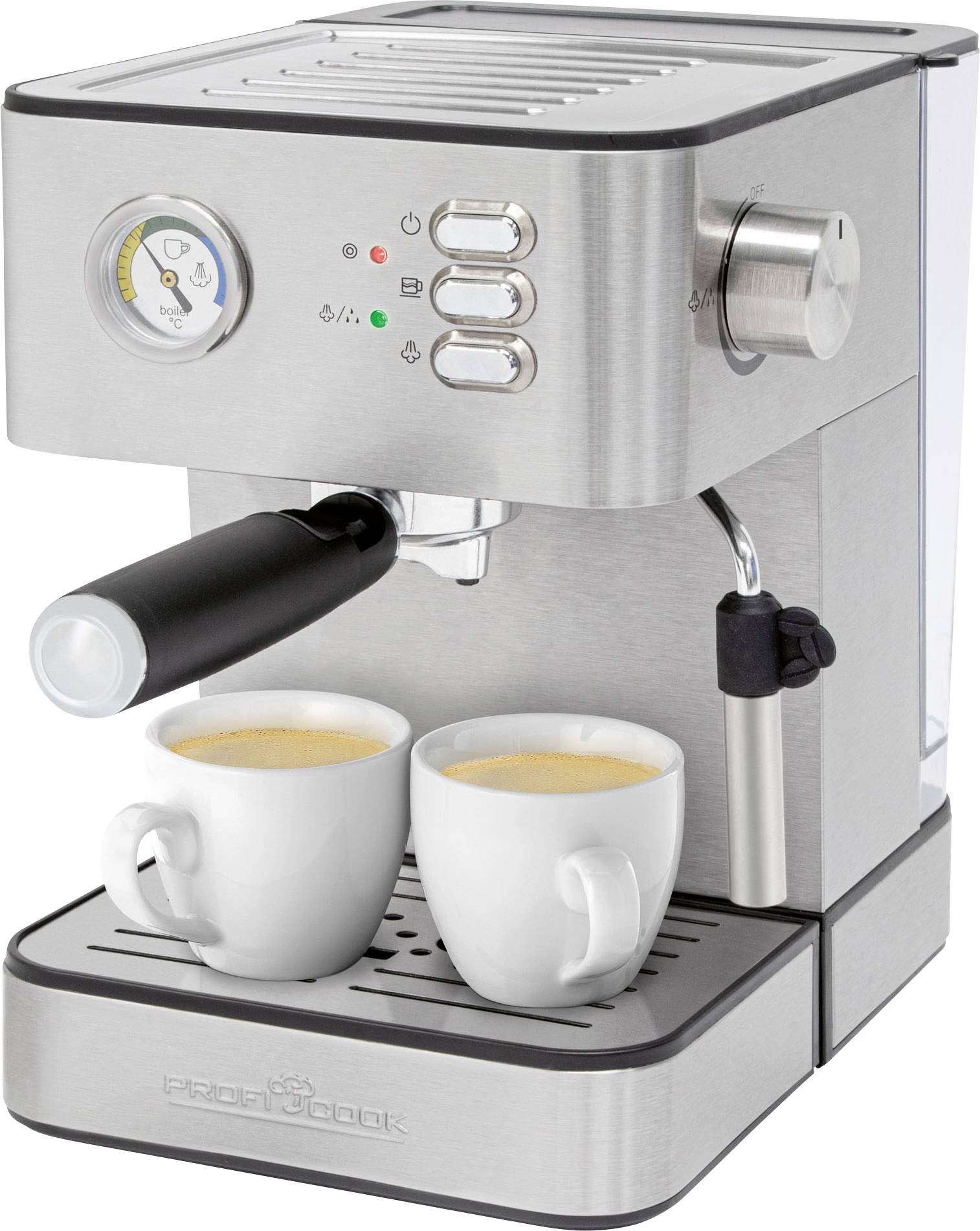 Espresso aparat iz nerjavečega jekla z dvema skodelicama espresa spodaj, levo manometer, desno gumb in zgoraj grelec skodelic.