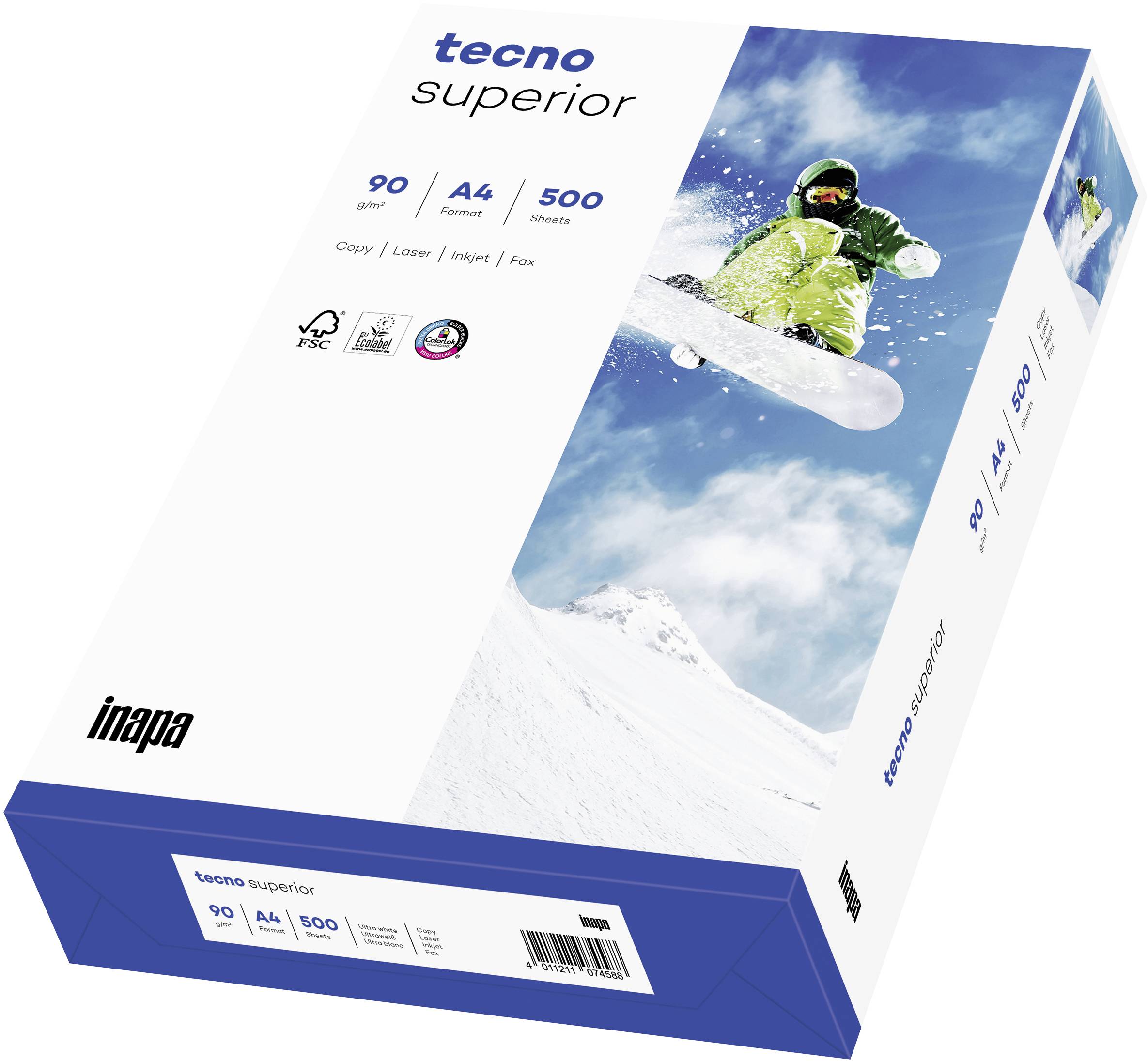 'Embalaža tecno superior, 90 g/m², A4, 500 listov, s sliko snowboarderja na snegu.'