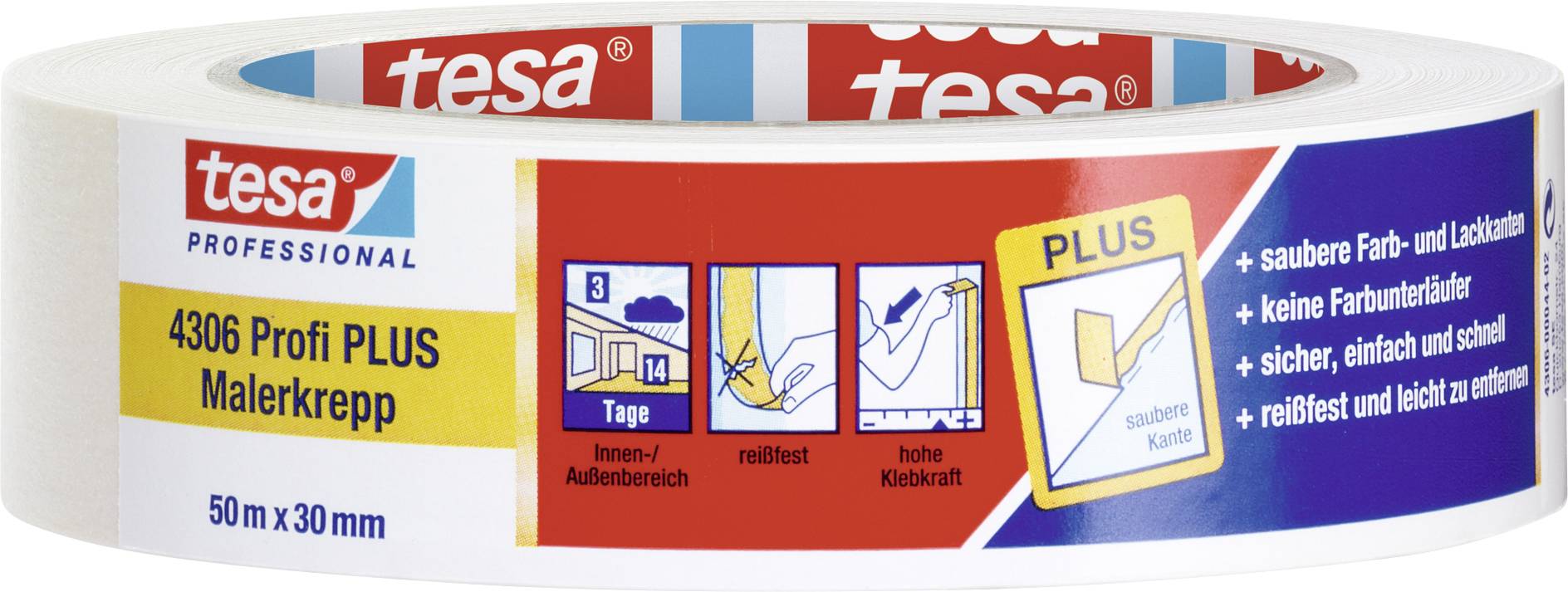 Rolica tesa Malerkrepp 4306 Profi PLUS, 50 m x 30 mm. Lastnosti: odporna na trganje, preprosto odstranljiva, primerna za notranje in zunanje površine.
