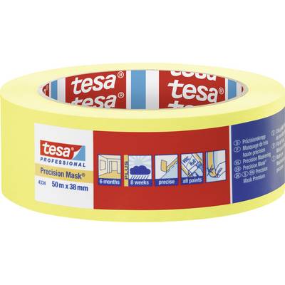 Rumeno krep lepilni trak znamke 'tesa' z modro in rdečo embalažo, velikosti 50 m x 38 mm. Primeren za natančno barvanje, primeren za vse barve.