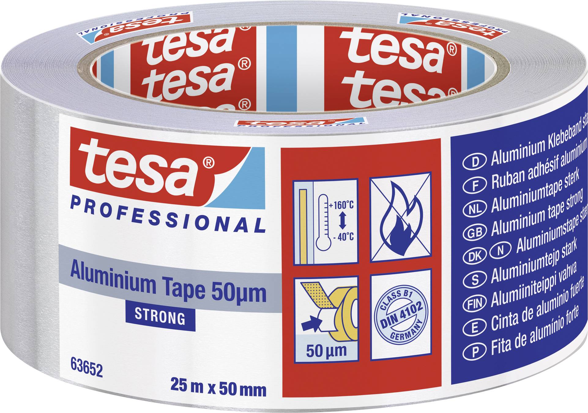 Aluminijasti lepilni trak tesa, širok 50 mm in dolg 25 m. Primeren za temperature od -40°C do +180°C, certificiran po DIN standardu.