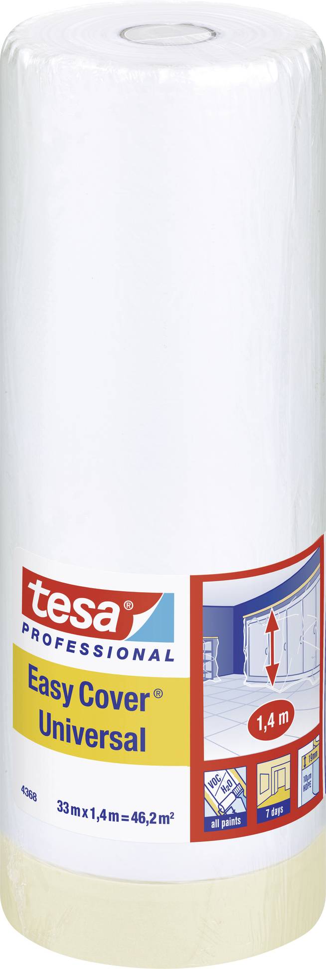 Rola z zaščitno folijo in lepilnim trakom znamke Tesa Professional, označena z 'Easy Cover Universal', primerna za površine do 46,2 m².