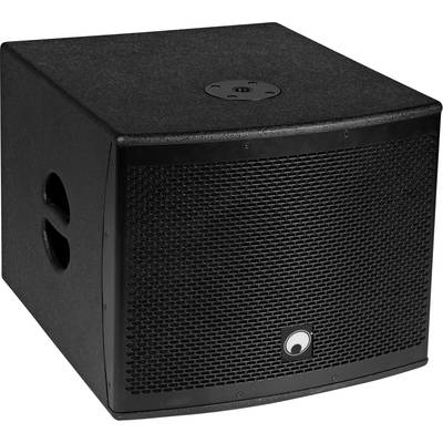 Črn subwoofer z mrežasto zaščito in ročaji na strani.