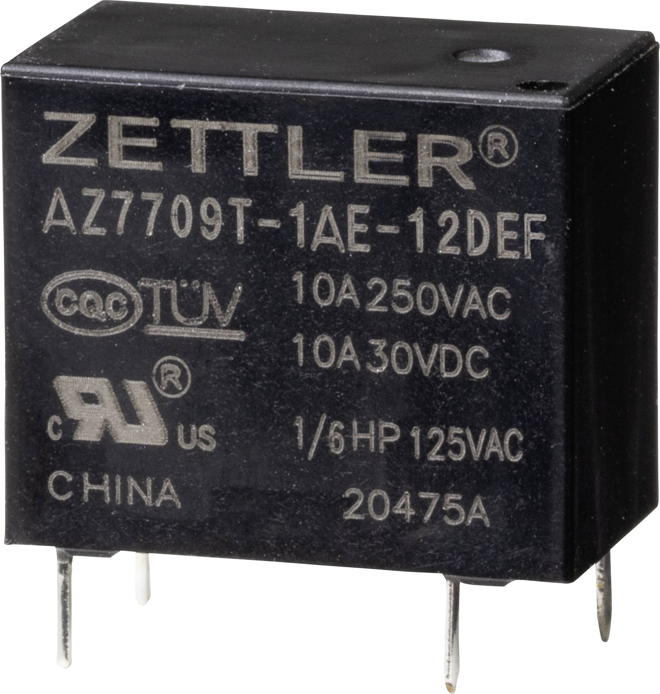 Črno releji z oznako 'Zettler AZ7709T-1AE-12DEF', električne specifikacije in certifikacijski logotipi na površini.