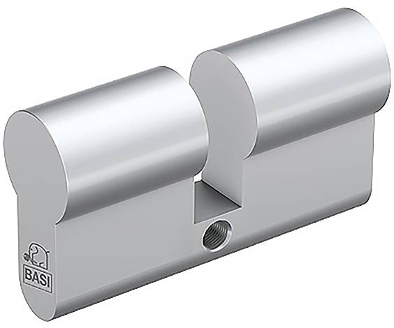 Kovinski valjasti vložek ključavnice brez ključavnic, pogled s strani. Primeren za sisteme varovanja vrat, z logotipom BASI spodaj levo.