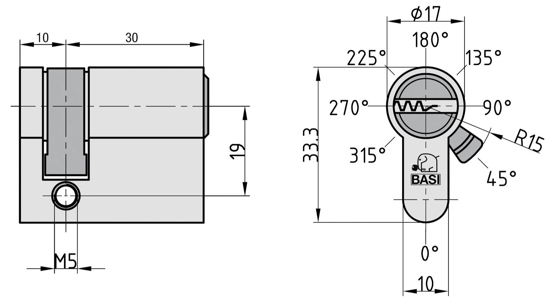 'Tehnični diagram ključavnice valjalnega cilindra BASI. Značilnosti vključujejo dimenzije, kote zasuka in ilustracijo mehanizma vzmeti.'