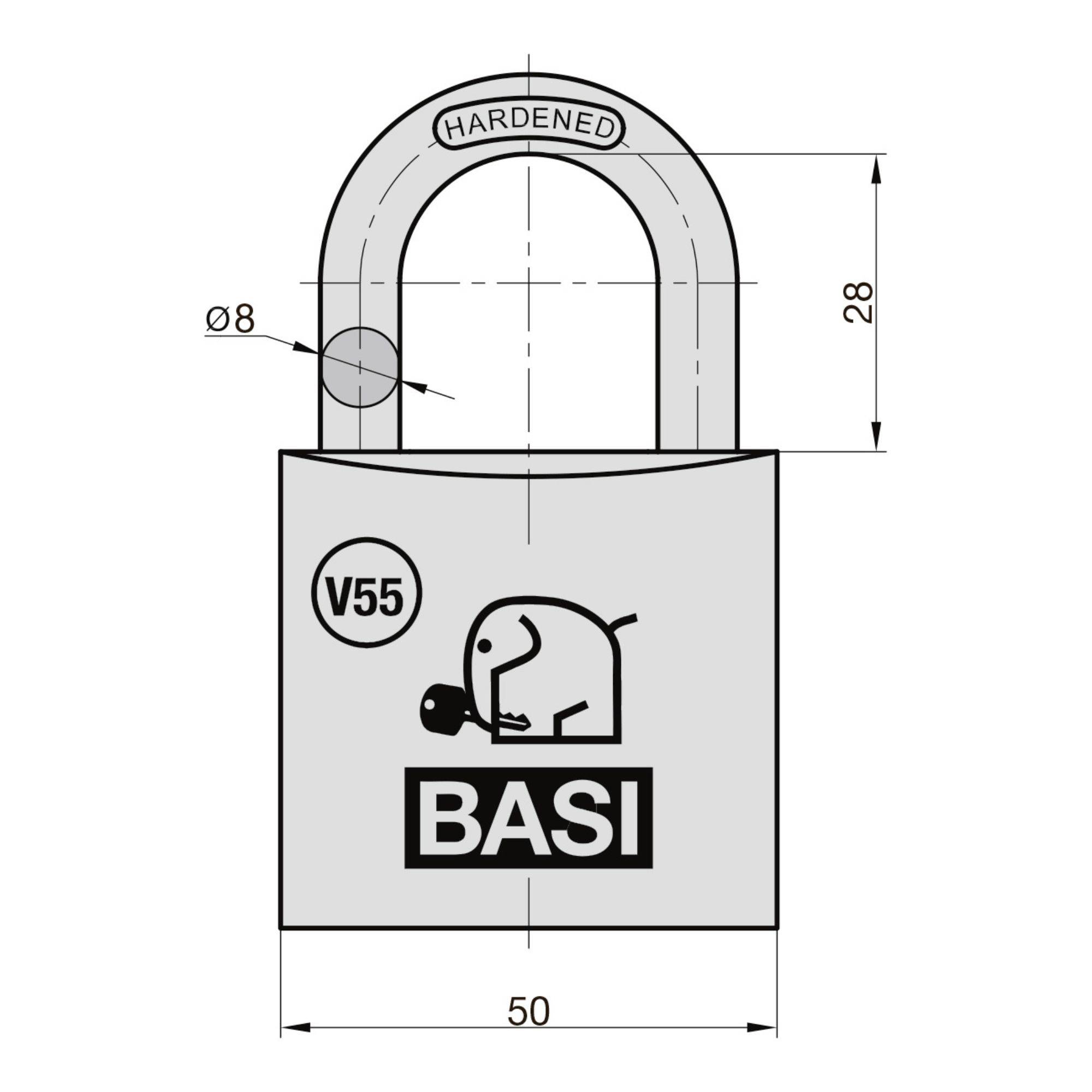 'Diagram ključavnice BASI V55 s kaljenim obeskoom. Premer obeskov: Ø8, višina: 28. Širina ohišja ključavnice: 50. Vidni logotip in blagovna znamka.'