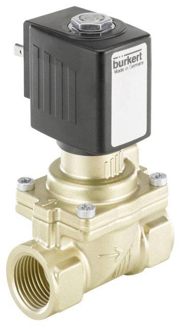 Ventil s pravokotnim črnim ohišjem in bronastim kovinskim telesom, na nalepki odtisnjena oznaki 'bürkert' in 'Made in Germany'.