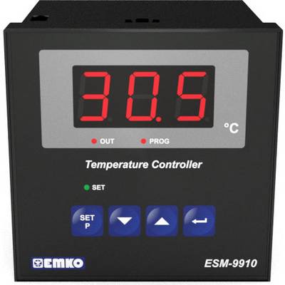 Digitalni temperaturni regulator z zaslonom, ki prikazuje '30,5°C', tipkami za nastavitve in emblemom proizvajalca spodaj levo.