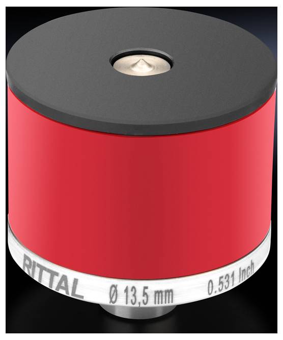 Okrogla rdeča elektronska komponenta s črnim zgornjim delom. Oznaka: 'RITTAL', premer 13,5 mm in 0,531 palca.