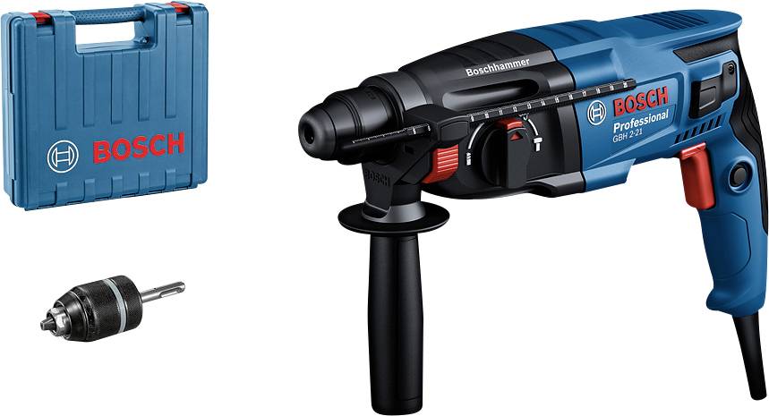 Vrtalni stroj 'Bosch Professional GBH 2-21' s kovčkom in dodatnim vpenjalom za sveder, primeren za različna gradbena dela.