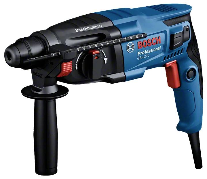 Bohljač Bosch Professional z stranskim ročajem, označen GBH 220. Modra in črna barva z rdečim sprožilnim gumbom.