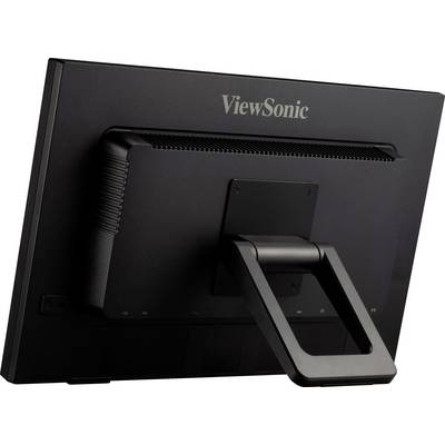 Črn monitor znamke ViewSonic, gledano od zadaj, prikazuje stabilen podstavek in preprosto, mat oblikovanje.