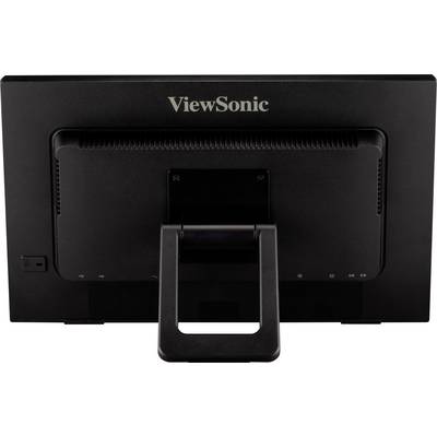 Črn monitor znamke 'ViewSonic' je prikazan od zadaj, z vidnim hrbtnim delom in stojalnim podstavkom.