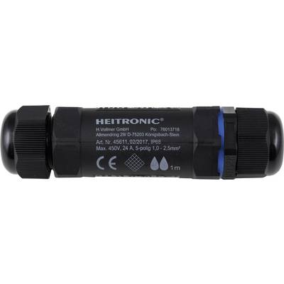 Črni kabelski priključek znamke Heitronic, primeren za napetosti do 450V in tokove do 24A, ustrezen za prereze kablov od 1,0 do 2,5 mm².