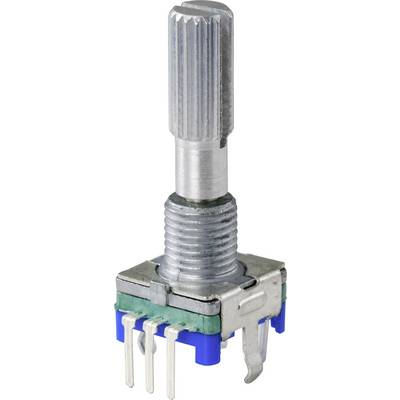 Kovinski potenciometer z narebrenim gredljem in več priključnimi sponkami, primeren za elektronska vezja in krmiljenje.