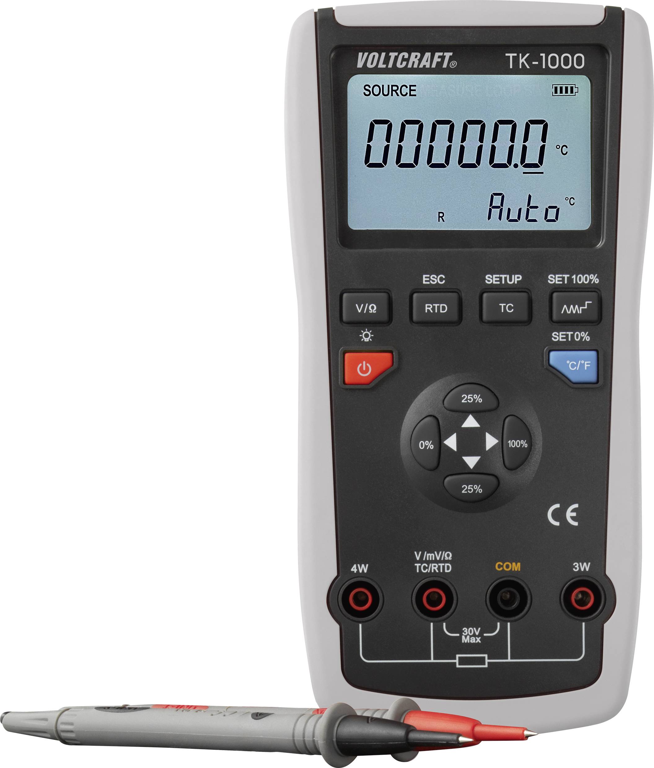 Digitalni termometer Voltcraft TK-1000 z velikim zaslonom, tipkami za nastavitve in priklopljenim merilnim senzorjem.
