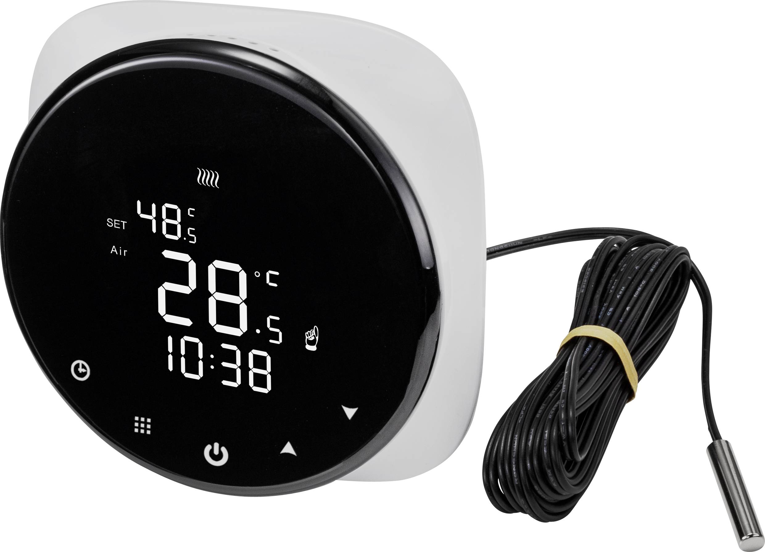Digitalni termostat s črnim zaslonom prikazuje '48°C Nastavljeno', '28.5°C Zrak' in čas '10:38', skupaj s senzorskim kablom.