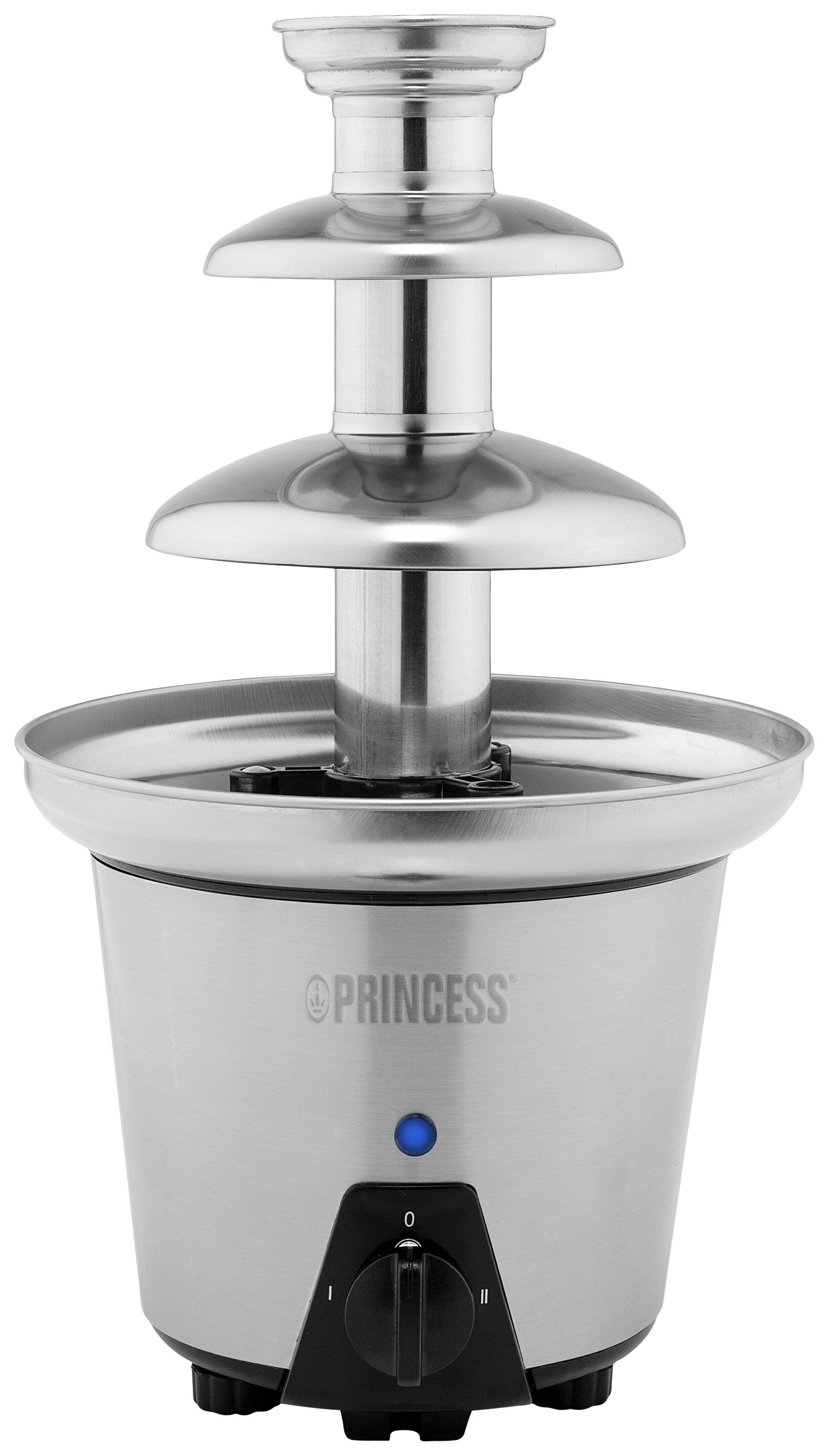 Tro-stopenjska čokoladna fontana iz nerjavečega jekla z logotipom 'PRINCESS' na zunanji strani, idealna za zabave in dogodke.