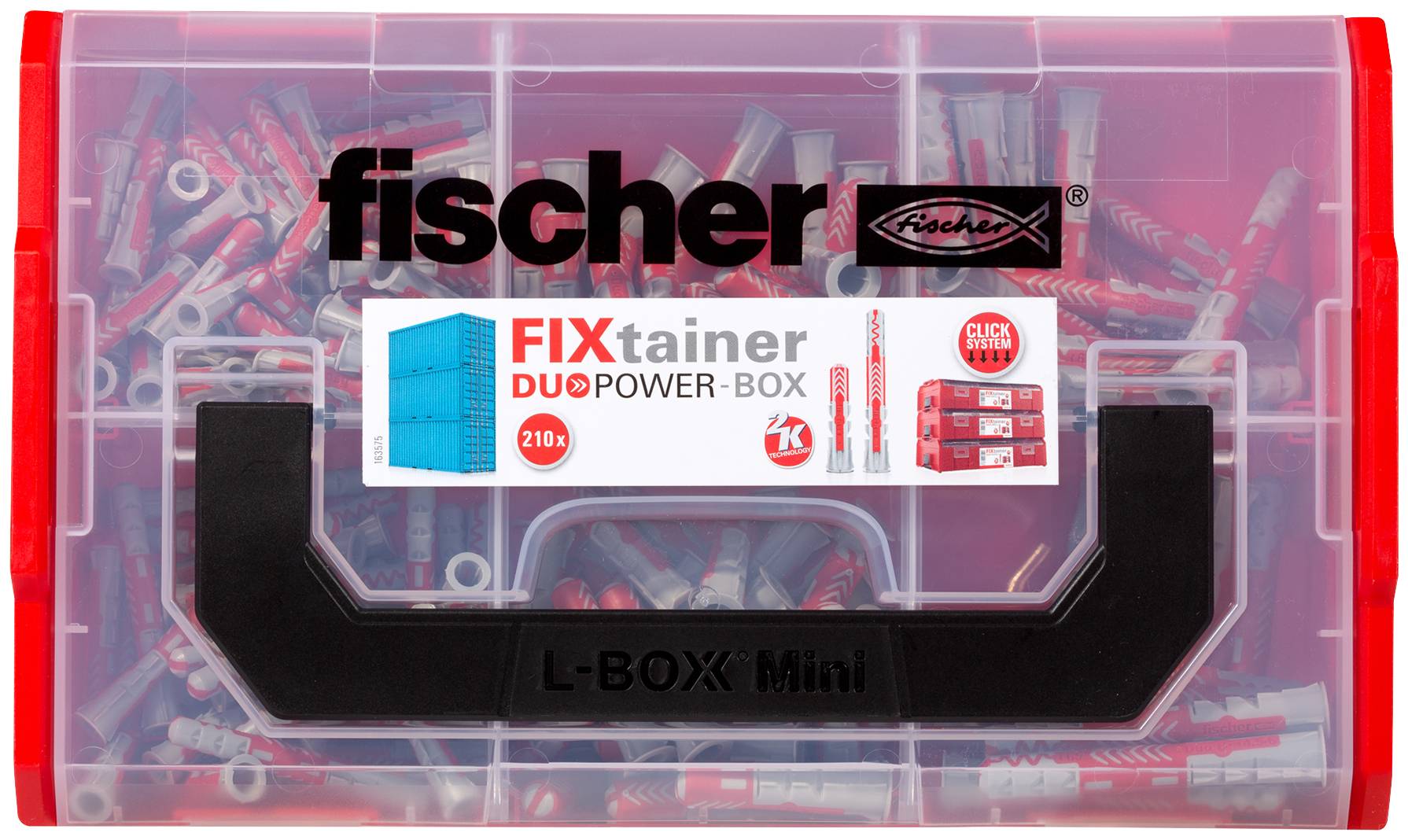Prozorna plastična škatla z rdečimi in sivimi vložki; nalepka 'fischer FIXtainer DUOPOWER-BOX'. Vsebuje dva logotipa fischer.