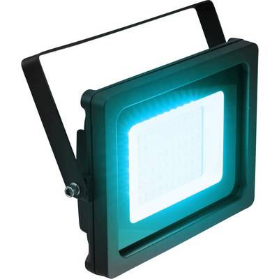 Kvadratni LED-reflektor z modro svetlobo, nameščen na črnem stojalu, pred belim ozadjem.