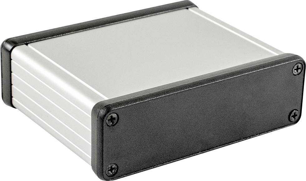 Pravokotno kovinsko ohišje s črno sprednjico in robovi. Primerno za montažo elektronskih komponent.