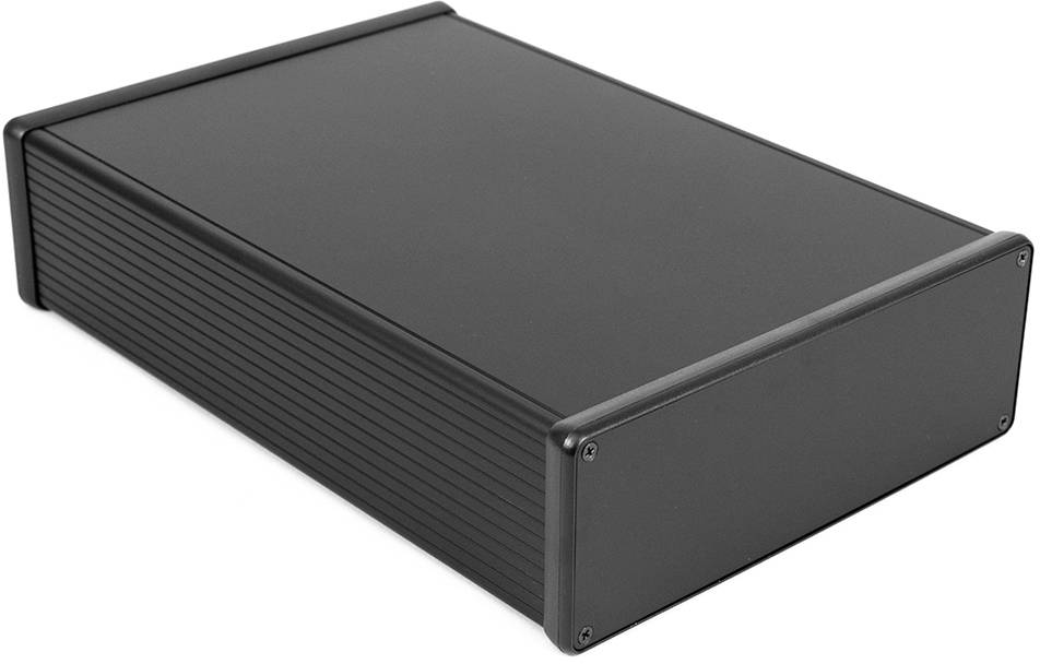 Črno ohišje iz aluminija, pravokotne oblike, namenjeno elektronskim napravam. Robustno in moderno oblikovano, primerno za raznovrstne uporabe.