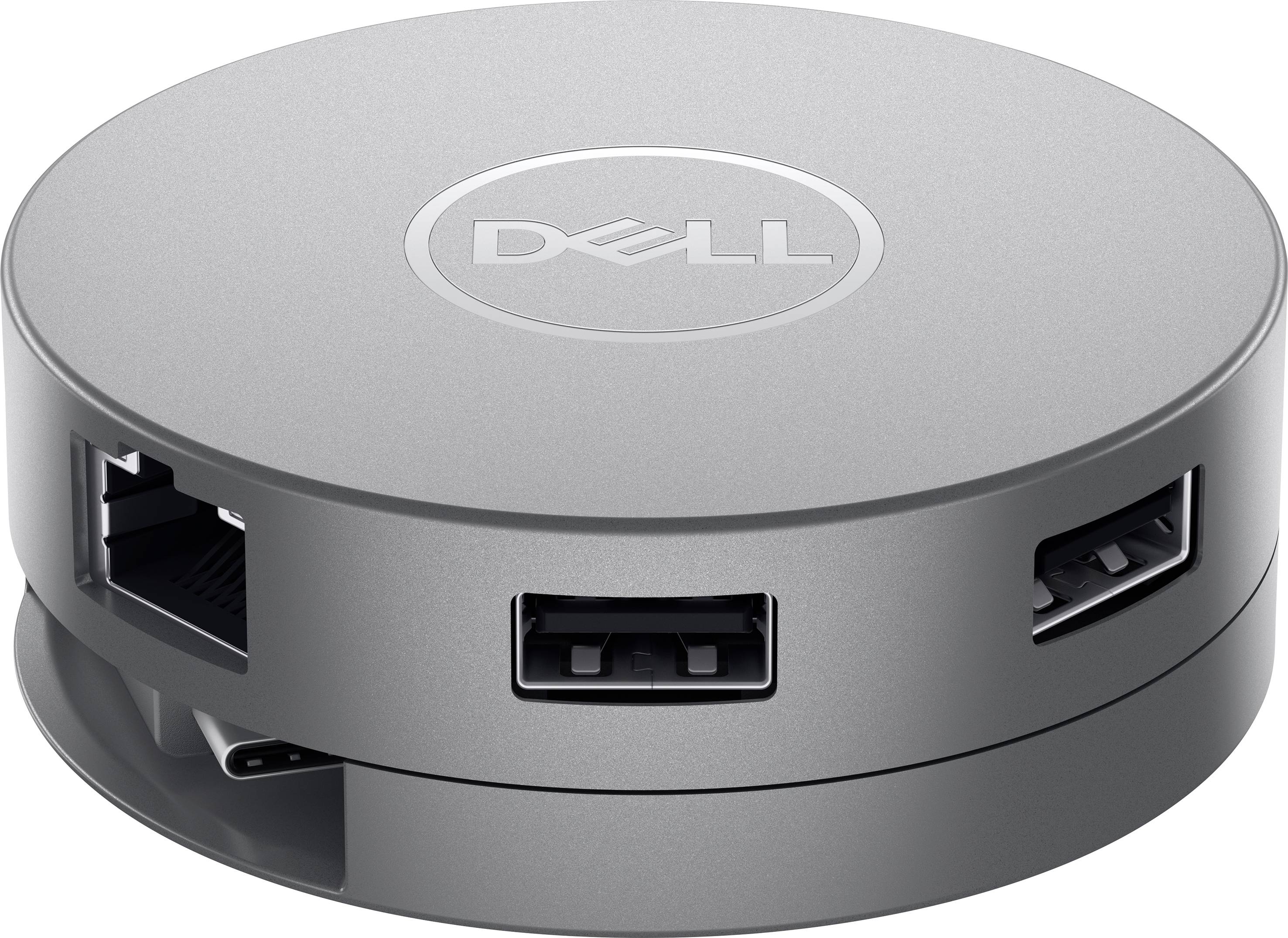 Okrogel, siv Dell adapter z večimi priključki, vključno z USB in ethernetom. Primeren za povezovanje različnih naprav.