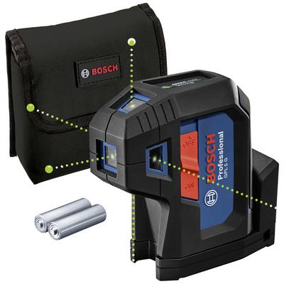 Boschev linijski laser 'Quigo' z diagonalnimi zelenimi linijami, baterijami in črno zaščitno torbico za natančno poravnavo.