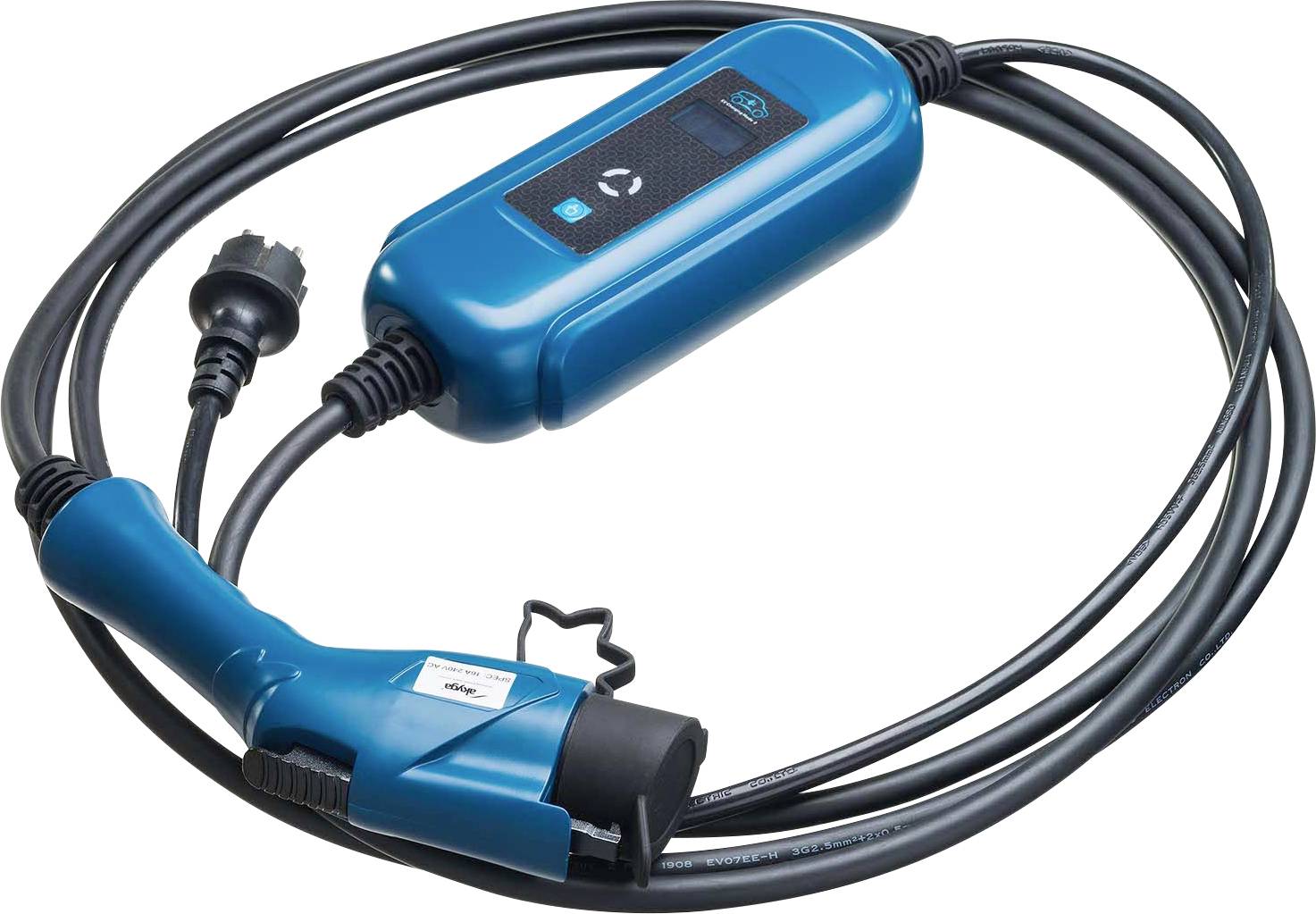 Polnilni kabel za električna vozila z modrim ohišjem, vtičnico in dolgim kablom.