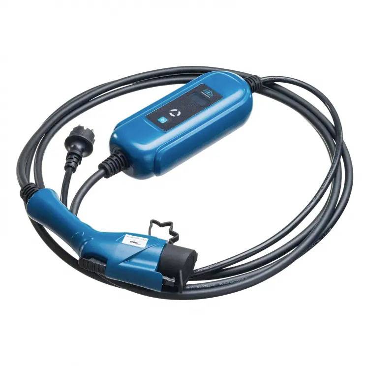 Polnilni kabel za električna vozila s vtičem in krmilno škatlo, primeren za standardne vtičnice.