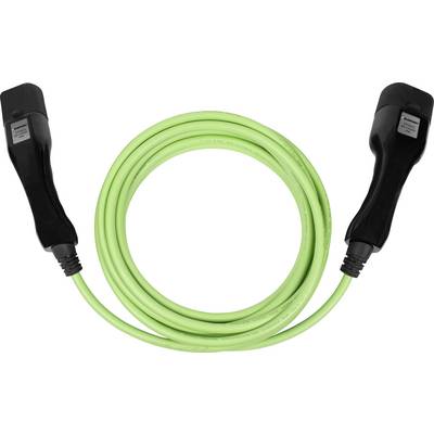Zeleni polnilni kabel z dvema črnima priključkoma, zvit v krog. Primeren za električna vozila.