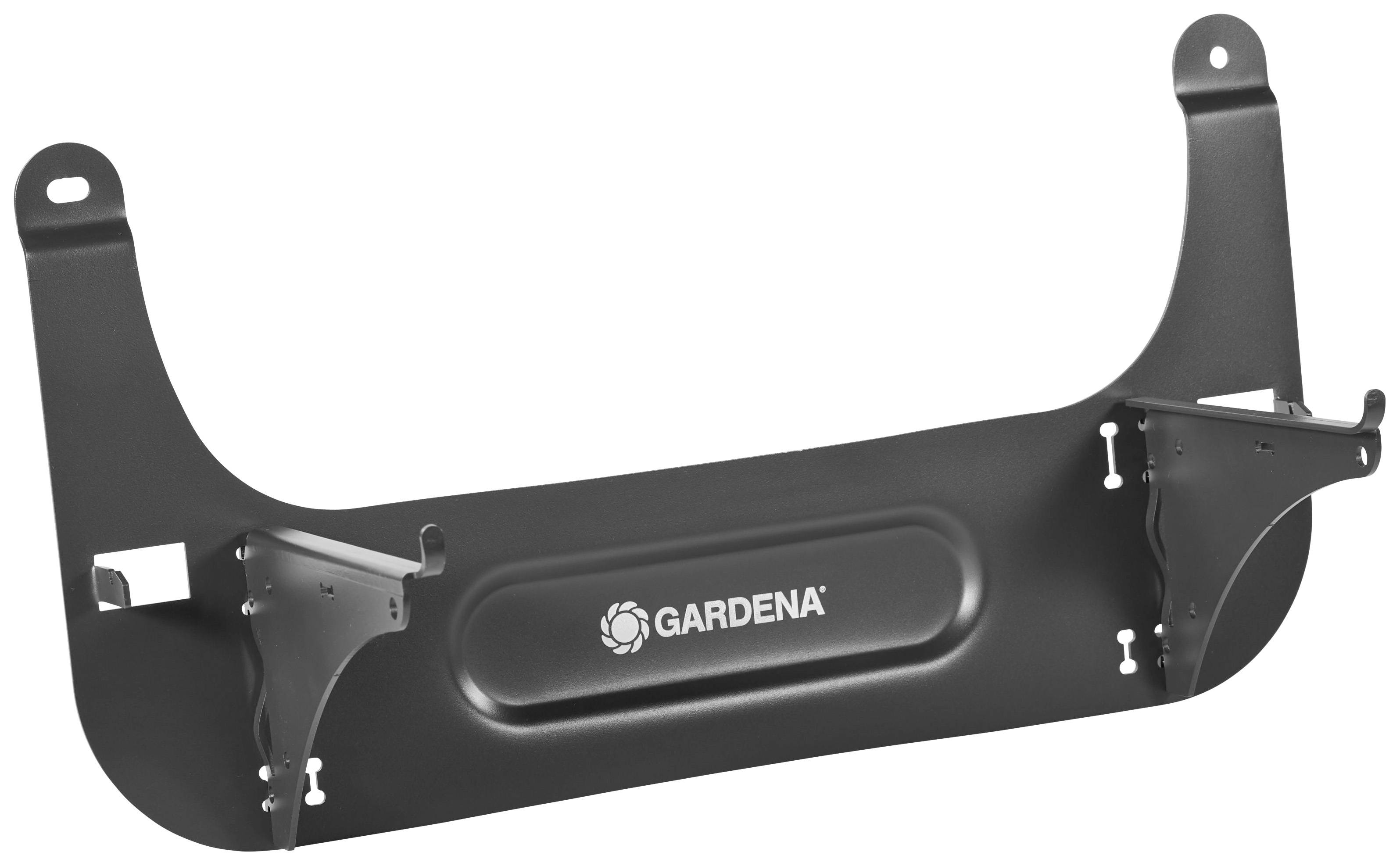 Stenski nosilec za vrtni cev z logotipom 'Gardena'. Kovinski nosilec za stabilno pritrditev cevi na steno.
