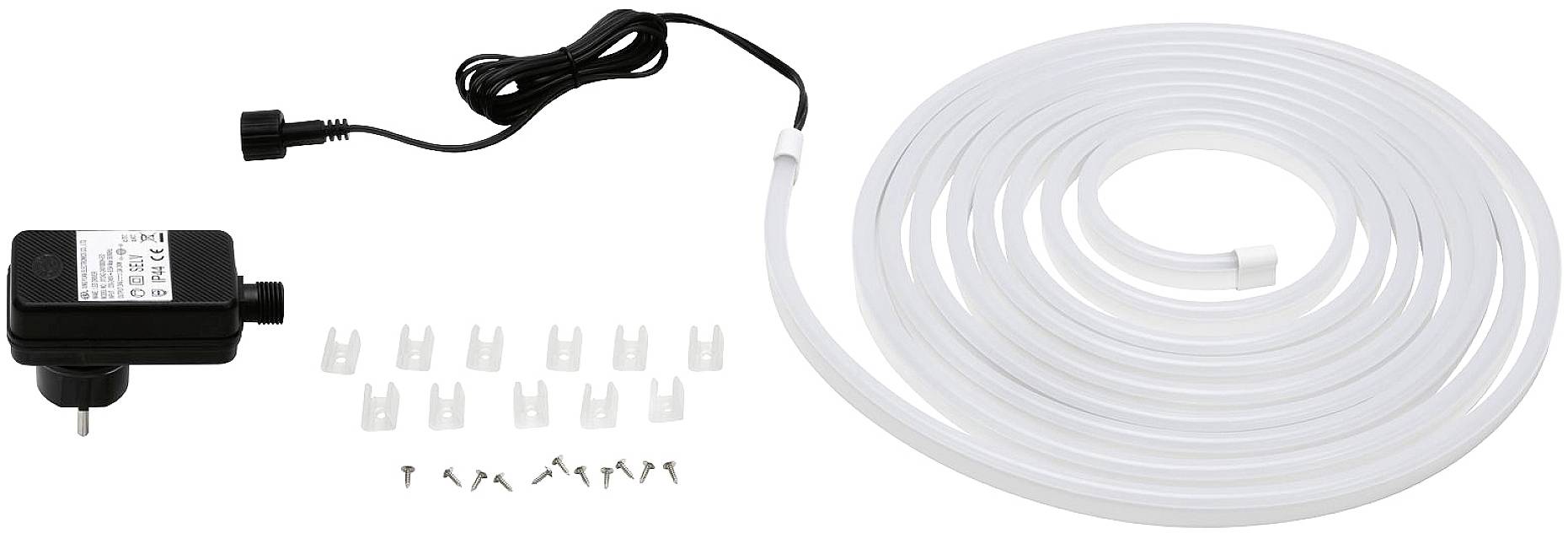 Komplet za LED-trakove, ki vsebuje napajalnik, zvit bel LED-trak in pritrdilni material.