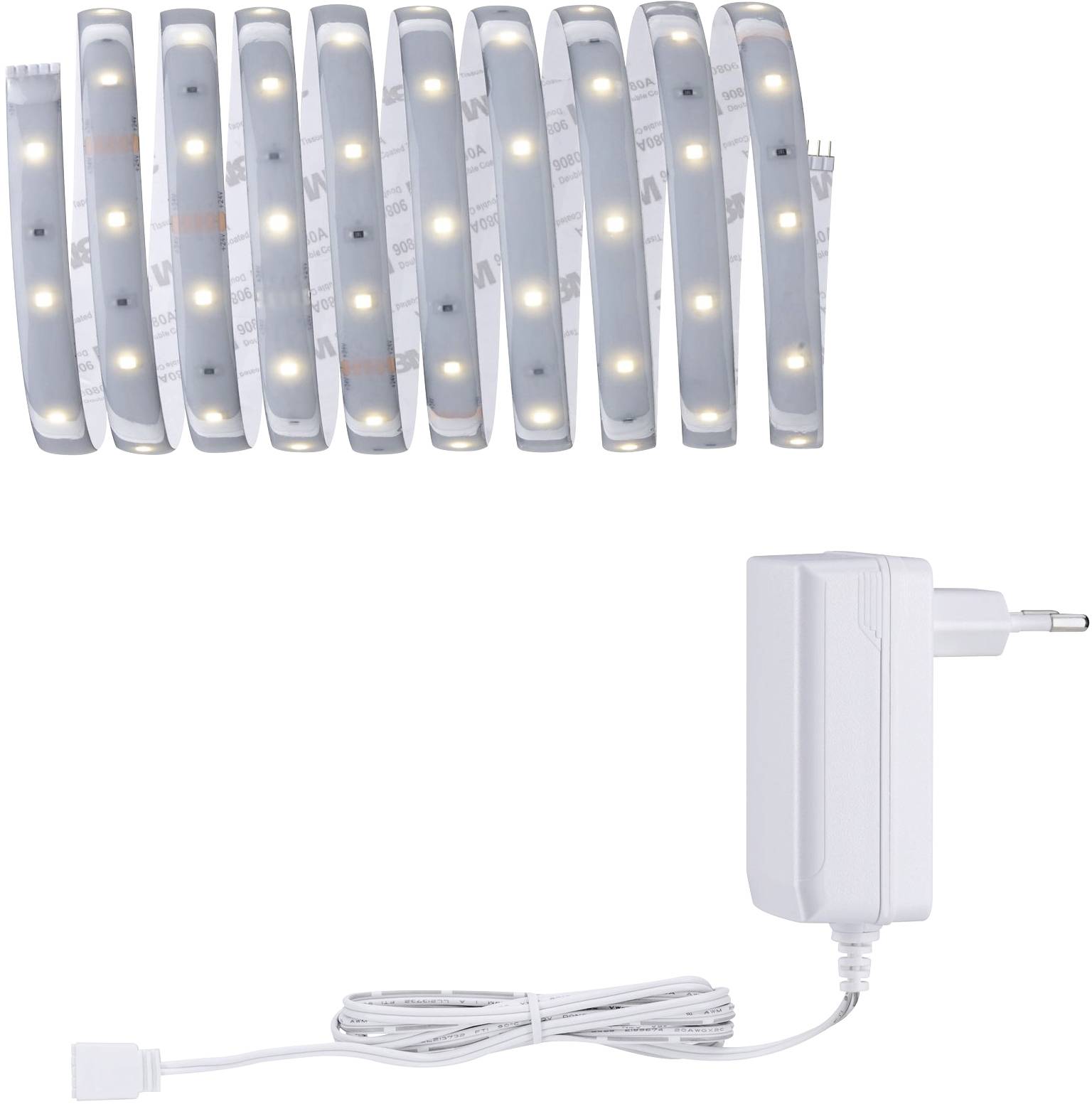 LED svetlobni trak in napajalnik. Svetlobni trak je večkrat upognjen in prikazuje svetleče LED lučke. Napajalnik s kablom spodaj.