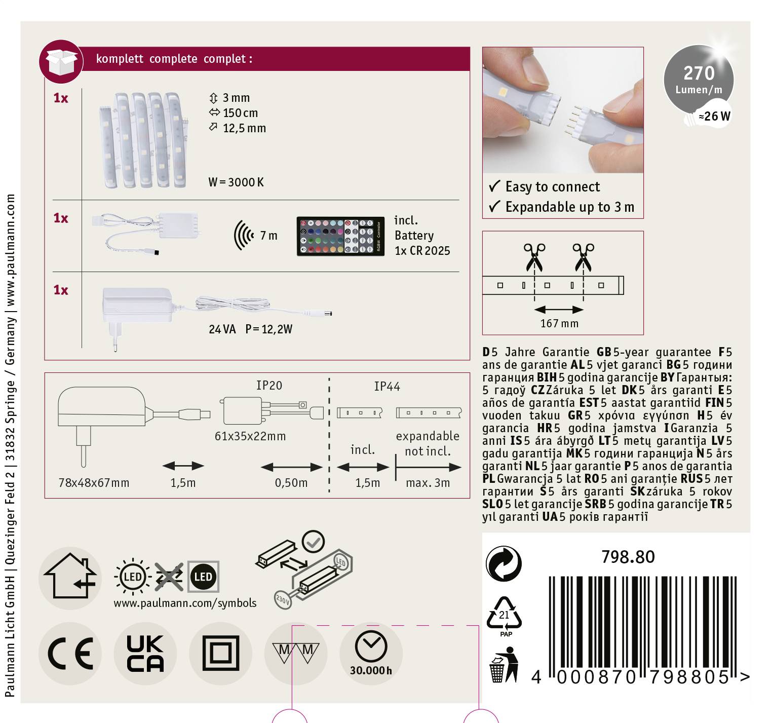 LED-svetlobni komplet s 6 trakovi, daljinskim upravljalnikom, adapterjem in vtičnim sistemom. Razširljiv do 3 m, 5 let garancije, 270 lumnov.