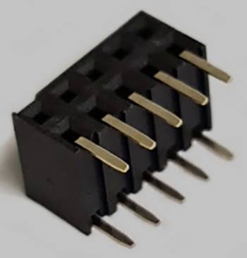Črn elektronski vtič s petimi zlatimi kontakti, ležeč na svetli površini.
