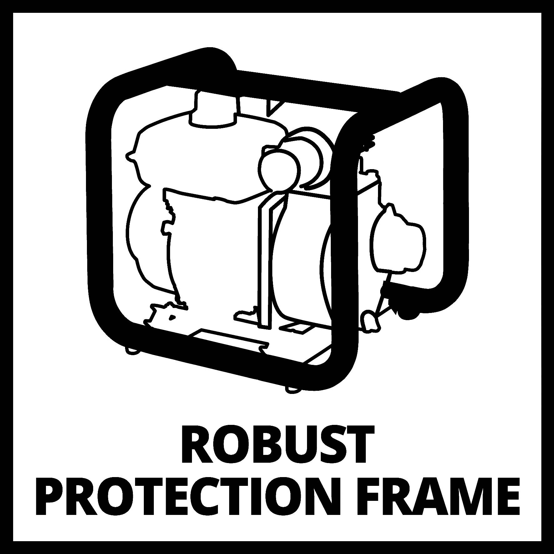 Črno-bela ilustracija generatorja z robustnim zaščitnim okvirjem. Pod tem piše velikimi črkami 'ROBUST PROTECTION FRAME'.
