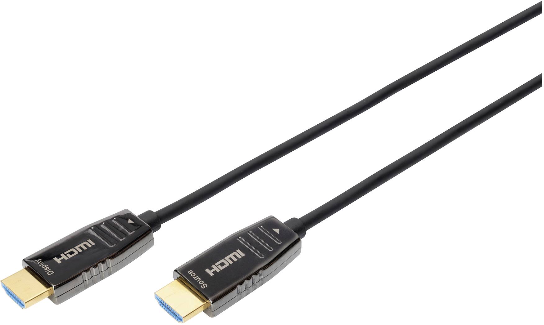 Črn HDMI-kabel z dvema vtičema na koncih, primeren za prenos avdio in video signalov med napravami.