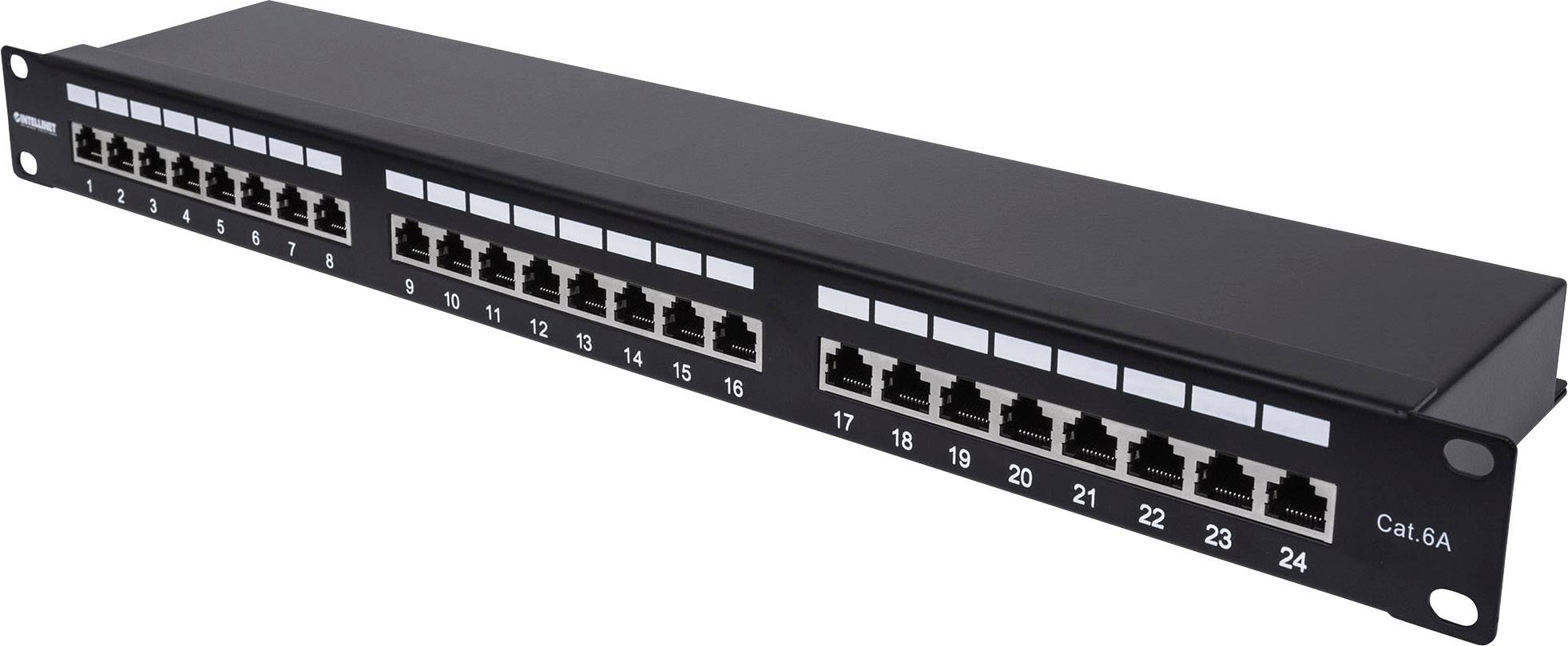 'Patch panel s 24 ethernetnimi vrati. Sprednja stran oštevilčena od 1 do 24, primeren za upravljanje omrežnih kabelskih povezav.'