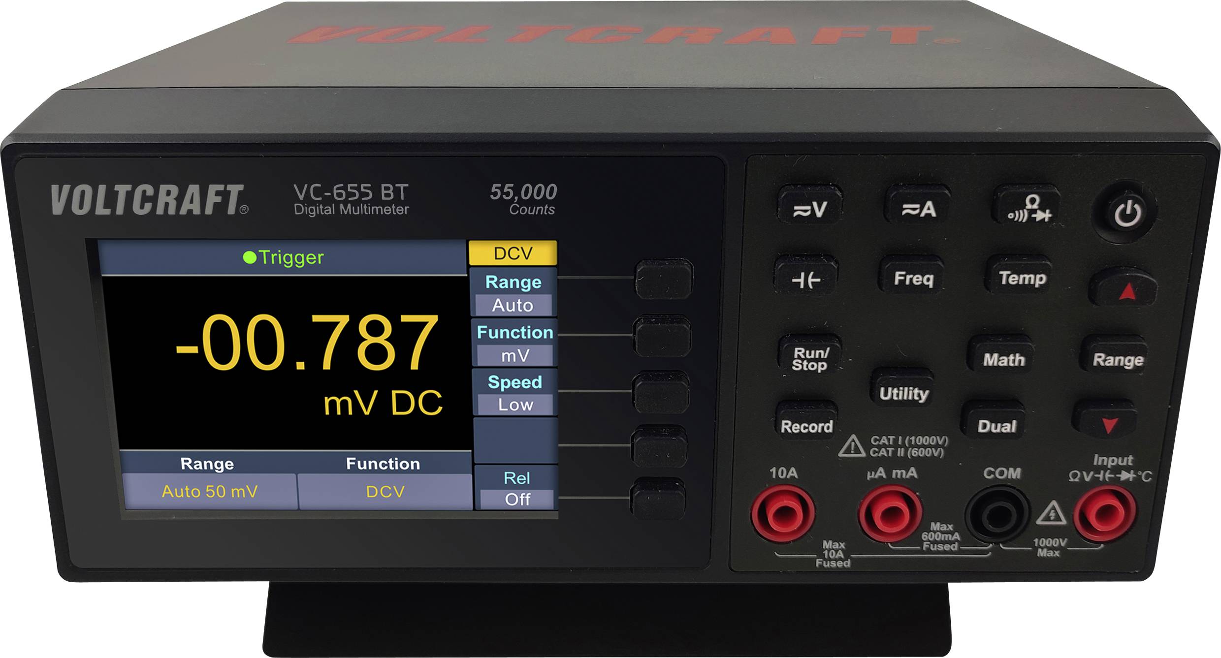 Digitalni multimeter VOLTCRAFT VC-655 BT na zaslonu prikazuje -0,787 mV DC. Vidne so tipke za različne funkcije.